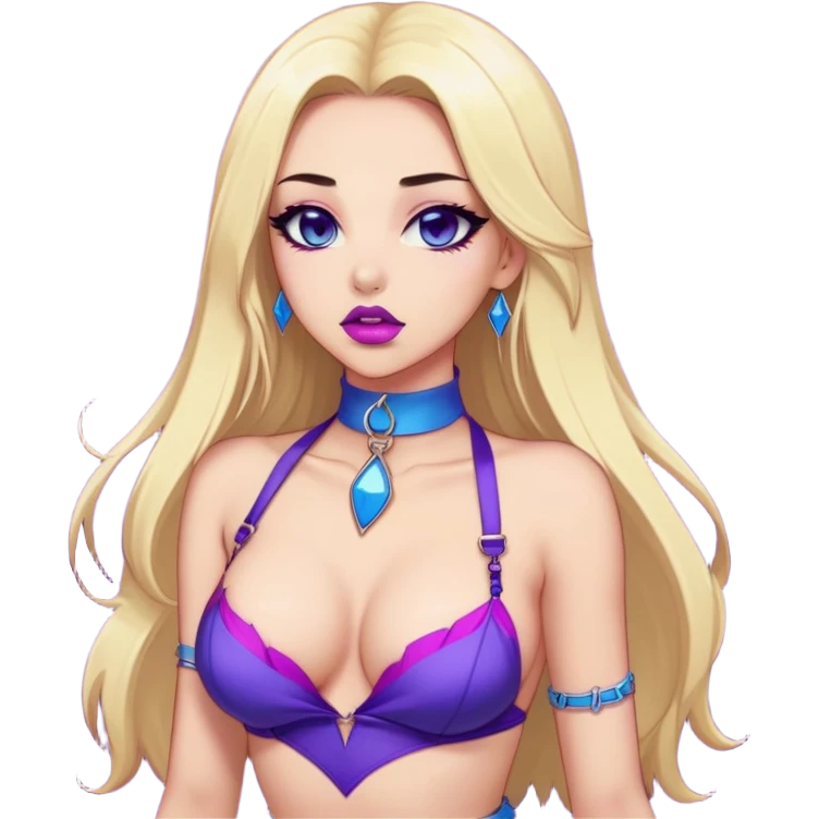 "Sticker with a full-length front view of a girl. Hourglass figure. Long straight blonde hair with blue tips. Light skin, erotic makeup with sharp eyeliner and purple lips, pink choker on the neck. Erotic pose, ahegao facial expression. Realistic style, clean neutral background." emoji