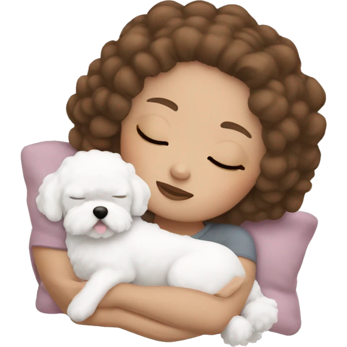 White girl brown hair sleeping with Mini Bichon emoji