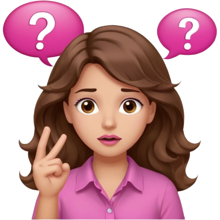 girl with long wavy brown hair, brown eyes, light to medium complexion, in a pink shirt, pink lips, long lashes, shugging, question mark one speech bubble emoji