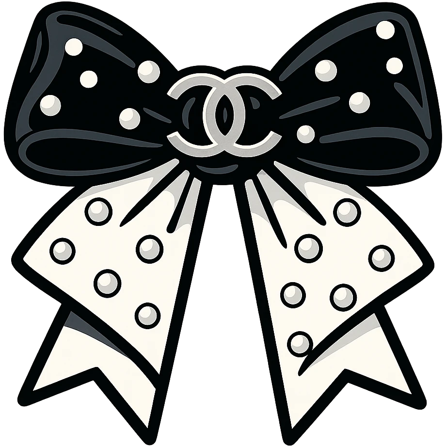 elegant bow with pearls and silver Chanel logo, glossy, black and white emoji