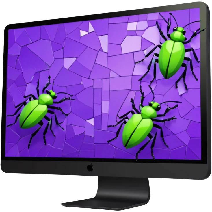 Broken computer screen with poxelated bugs. Color scheme is purple and limegreen emoji