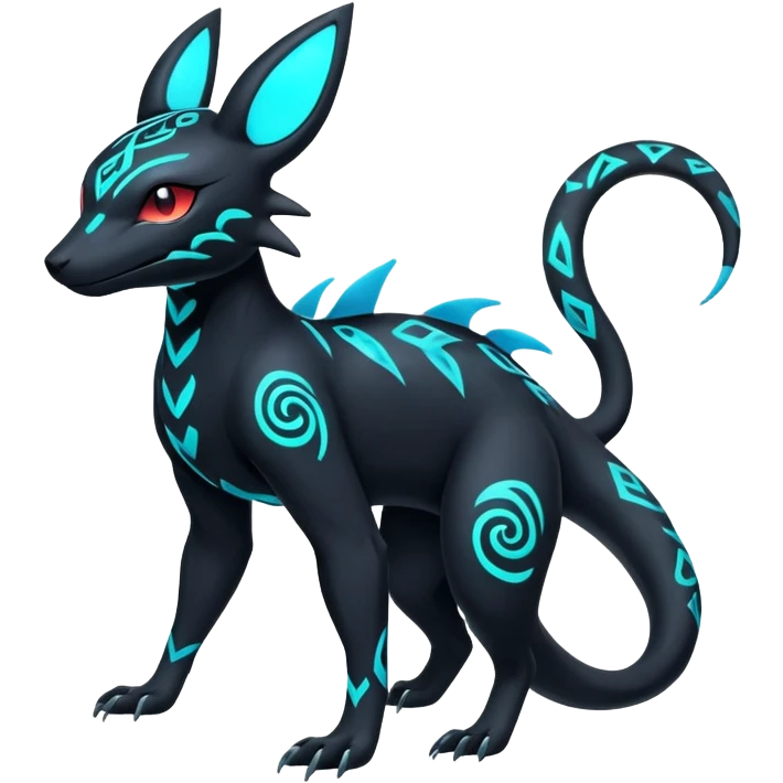 Colorful Neon Exotic Salandit-Aurorus-Umbreon-Fakémon-hybrid-creature (full body) with tribal markings emoji