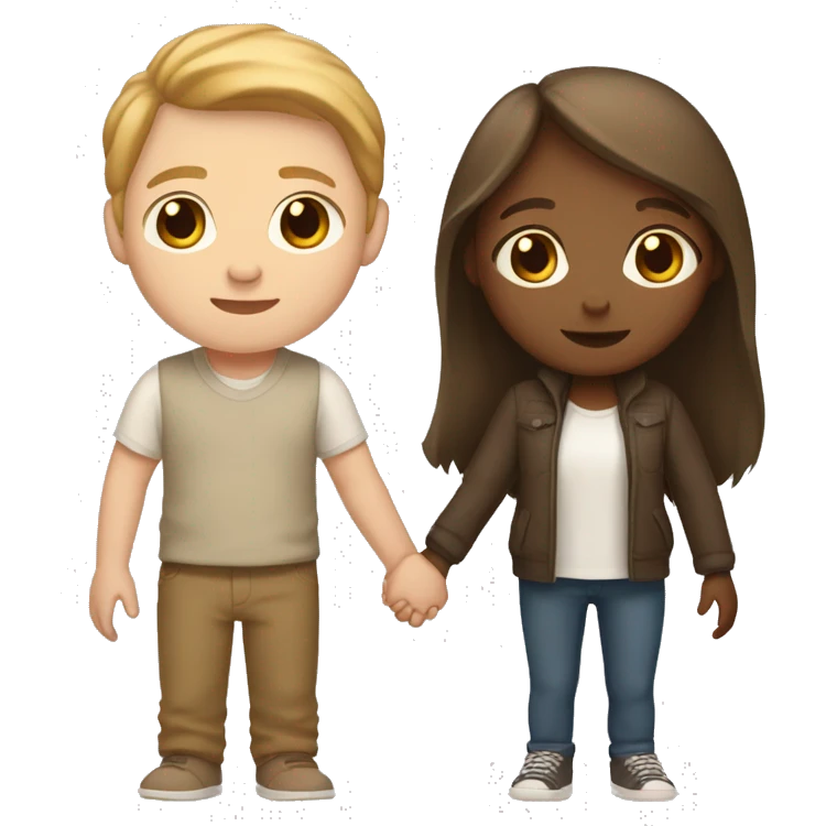 a white shorter girl with brown long straight hair and brown eyes holding hands with a taller white boy with very light brown short wavy hair emoji