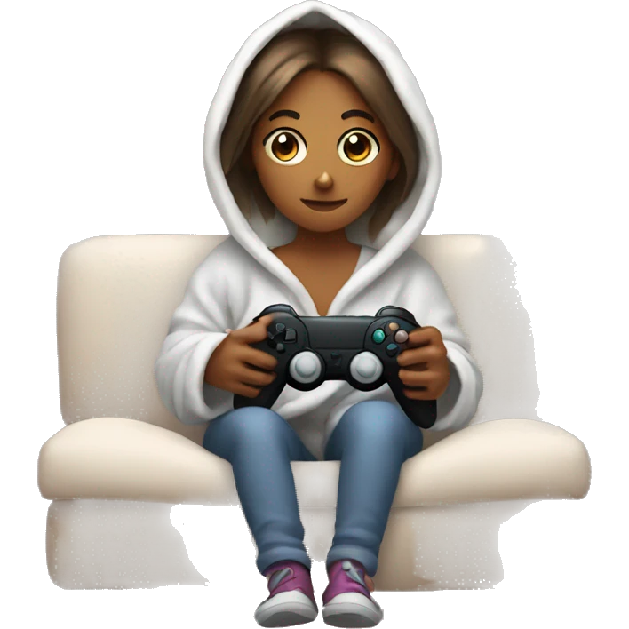 Girl wrapped up in a blanket sitting on a couch with a gaming controller in her hands emoji