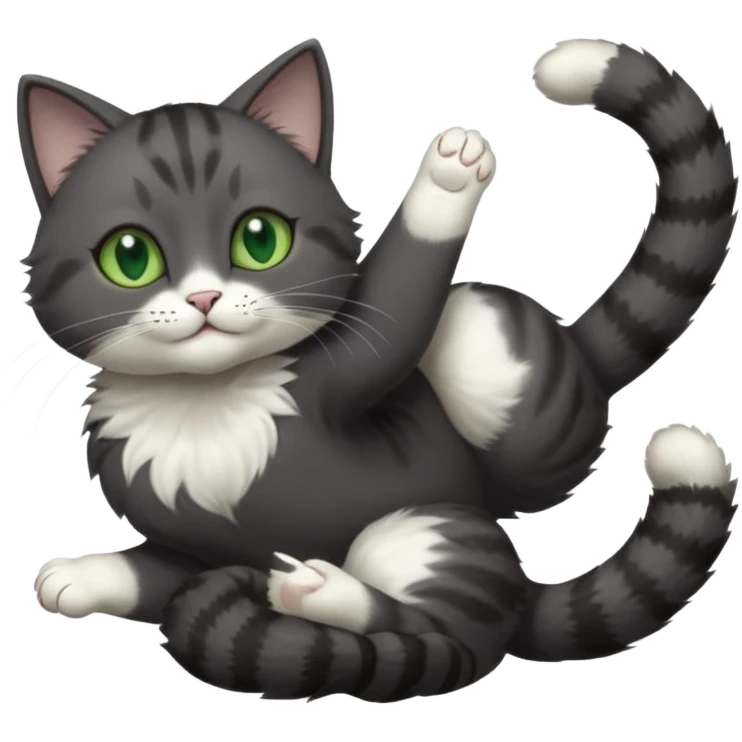 solid dark grey cat with green eyes, white toes/paws and white patch on her chest playfully rolling upside down emoji