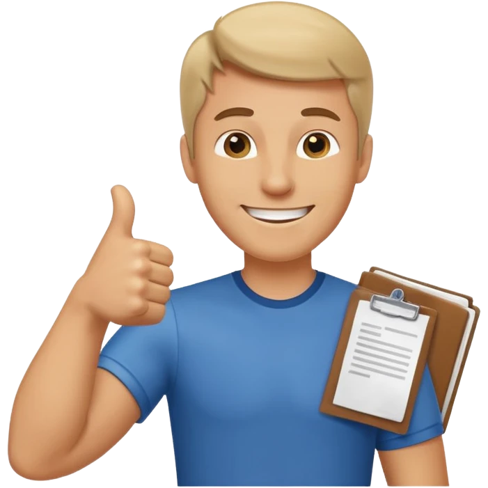 man standing triumphantly on paperwork, thumbs up emoji emoji
