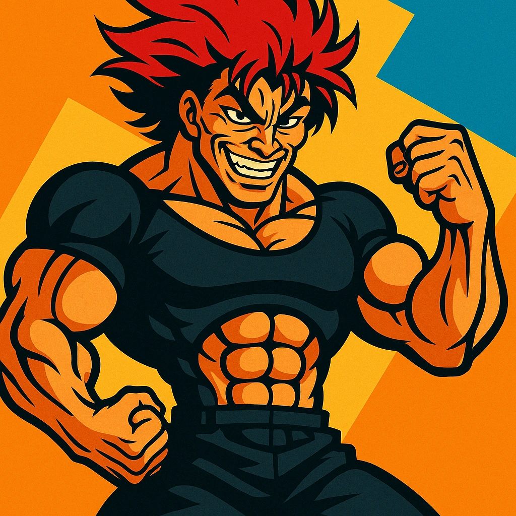Yujiro Hanma, muscular anime character with a menacing grin, red spiky hair, powerful stance, detailed illustration style emoji