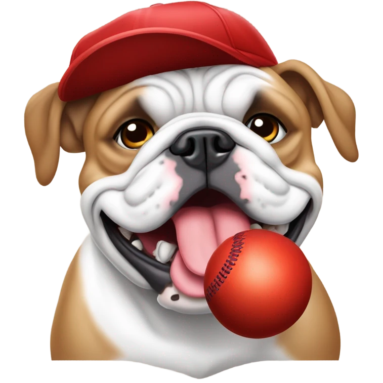 English bulldog with blue eyes eating a red baseball hat emoji