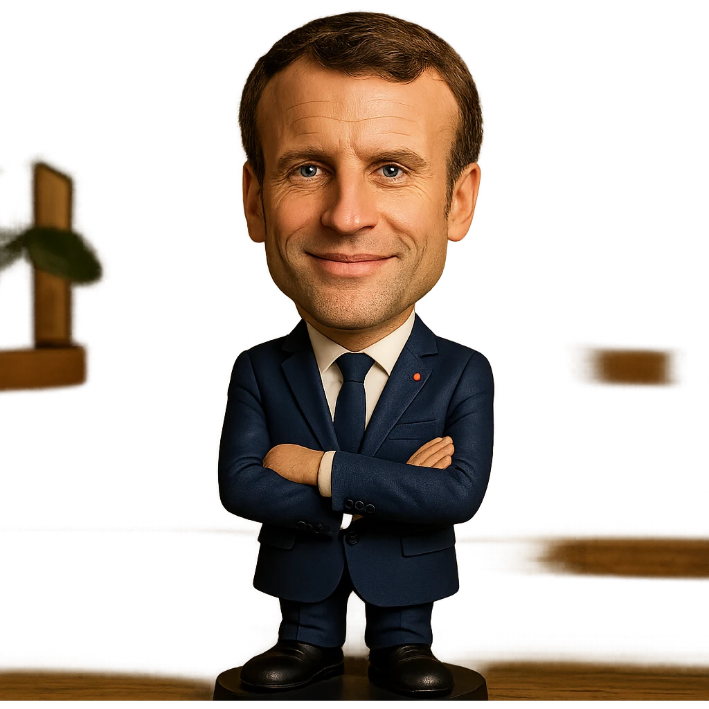 bobblehead style figure of Emmanuel Macron, French president, suit and tie, oversized head, confident smile emoji
