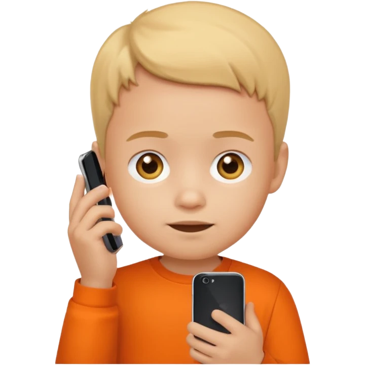 little kid with phone wearing an orange shirt, apple style emoji emoji