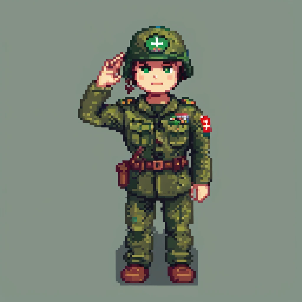 robloxian military man, exaggerated blocky limbs and torso, green army uniform, helmet, saluting, minimal background emoji