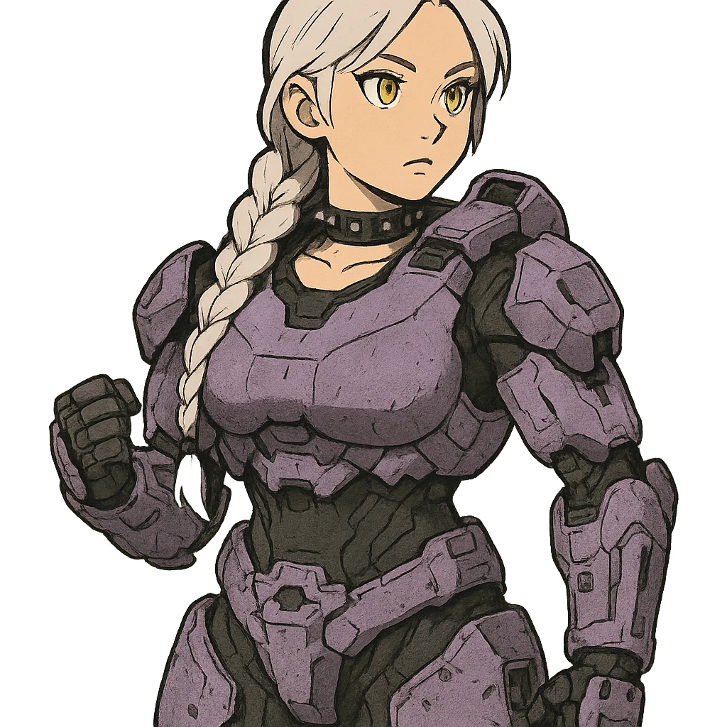 female, wearing reach spartan armor default, long white braid hair, gold yellow eyes, attention pose, halo series, no helmet, the armor is lavender color scheme and has no shoulder pad attachments. DDD bust size fitting. Punk gothic cyberpunk emoji