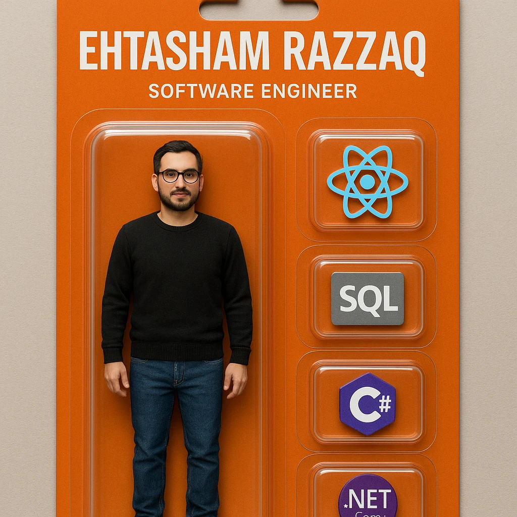 Create a realistic action figure toy of the person in the photo, packaged in a strong orange card blister pack. The figure is inside its own blister. Next to the figure, include four separate blisters, each containing one piece of equipment: 1) a React logo, 2) a SQL logo, 3) a C# logo, 4) a .NET Core logo. Each equipment is in its own individual blister, do not repeat any equipment. On top of the box, write 'Ehtasham Razzaq' and underneath it, 'Software Engineer'. The entire scene should look like a real, professionally packaged action figure toy. The style should be photorealistic and realistic as a real action figure toy packaging. emoji