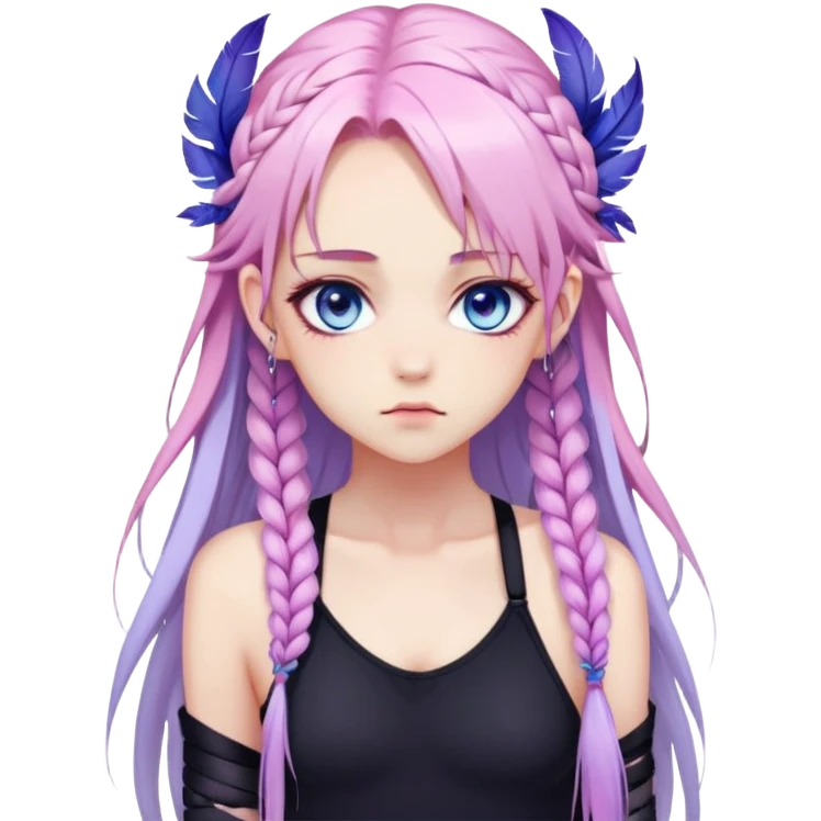 Gorgeous beautiful pretty grumpy anime lady long-pale-whitish-pastel-pink-hair with one braid on each side, hanging gradient-purple-pink feather-ear-cuffs in hair, black bodysuit, blue eyes, pink iris, ethereal, fashion aesthetic  emoji