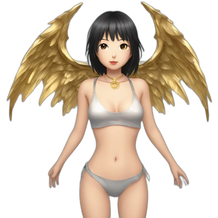 Miki Hamano, Bare belly, Wings, Choker, Bathed in shadows, FOV 90 degrees, short lighting, L USM, Cold Colors, gilded technique, extremely hyper aesthetic, absurdres emoji