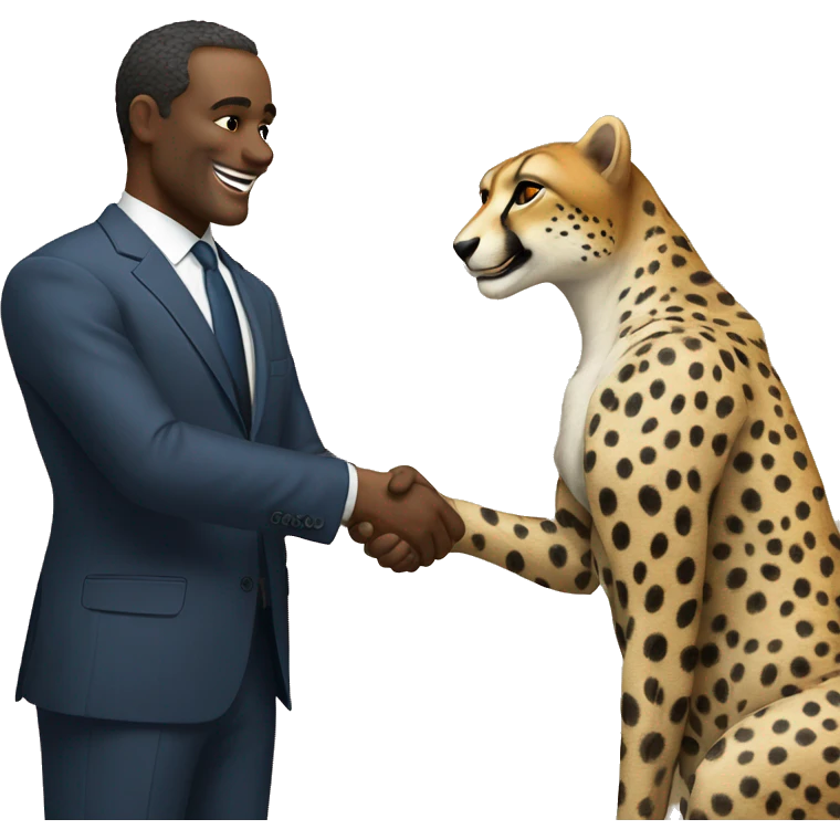 A cheetah in a classic suit shakes hands with a man  emoji