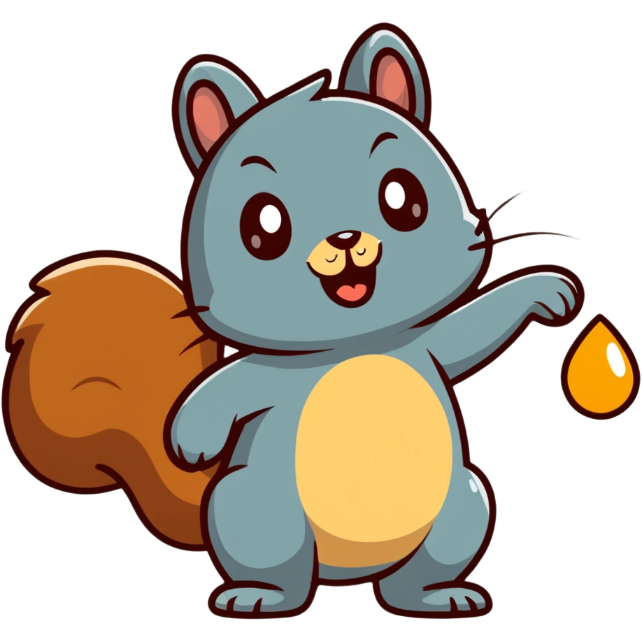 Cartoon squirrel with obvious big drool droplet hanging from mouth, extremely hungry, stomach growling emoji