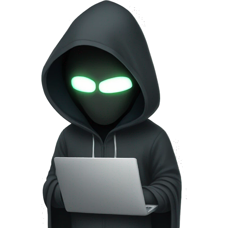 hooded man with a laptop wearing a mask with glowing white eyes emoji