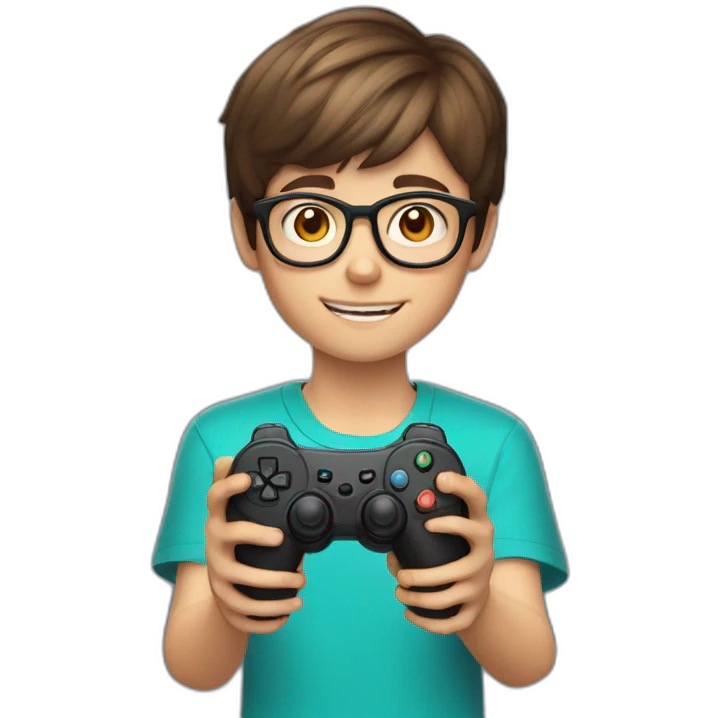 A 12-year-old boy with short brown hair and glasses holds a joystick in his hands emoji