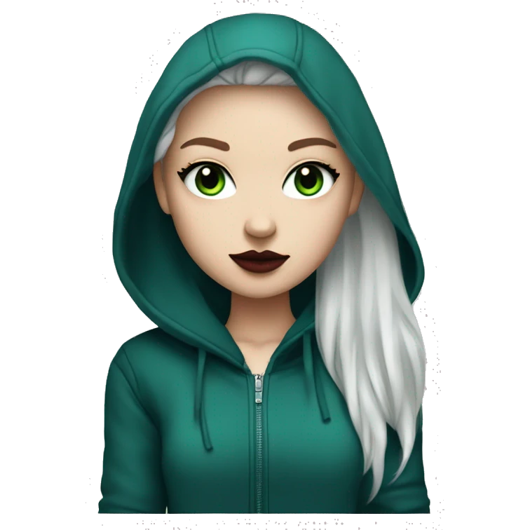 white girl with long bright blue wolf cut hair wearing dark red lipstick, black eyeliner and a green hoodie emoji