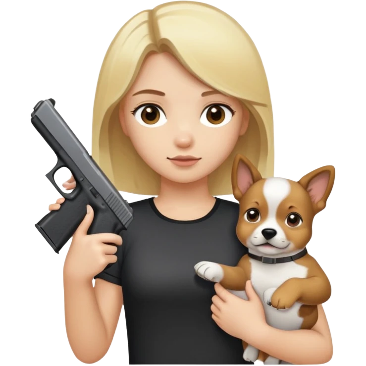 Blonde girl with brown eyes holding a glock in one hand and a puppy in another hand emoji