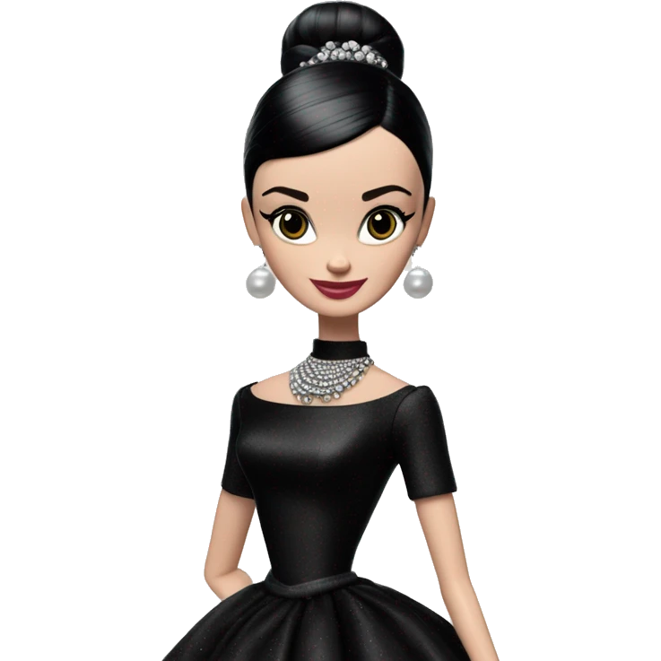 Audrey Hepburn as Sabrina Barbie.Wednesday Addams. Show full body wearing Embroidered long black gown jewelry gloves pearl earrings  emoji