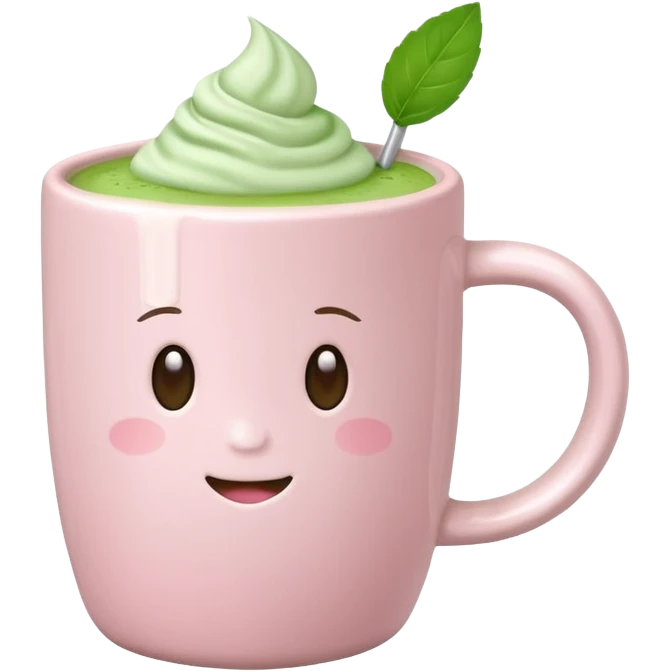 White pastel pink ceramic mug with matcha latte emoji