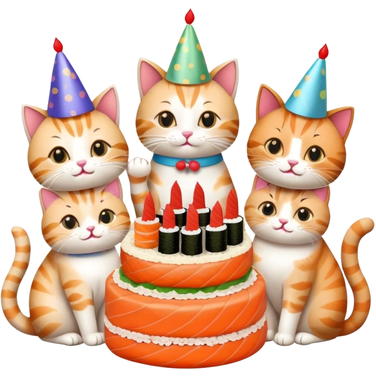 six cats celebrating one cat's birthday party, all cats holding pieces of sushi, birthday cake, party hats, and decorations emoji