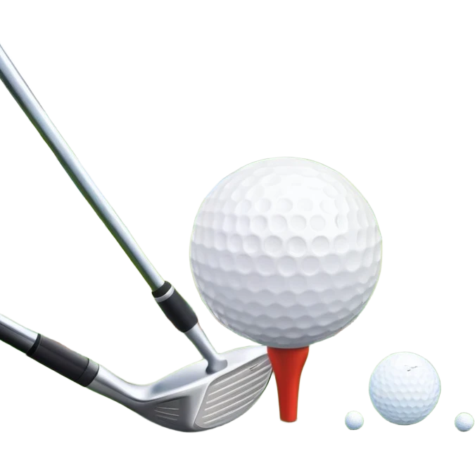 A golf ball on a tee with a golf club placed beside it, set against the backdrop of a well-manicured green golf course. The scene emphasizes the equipment and serene atmosphere of the sport, with soft lighting and a peaceful, open landscape emoji