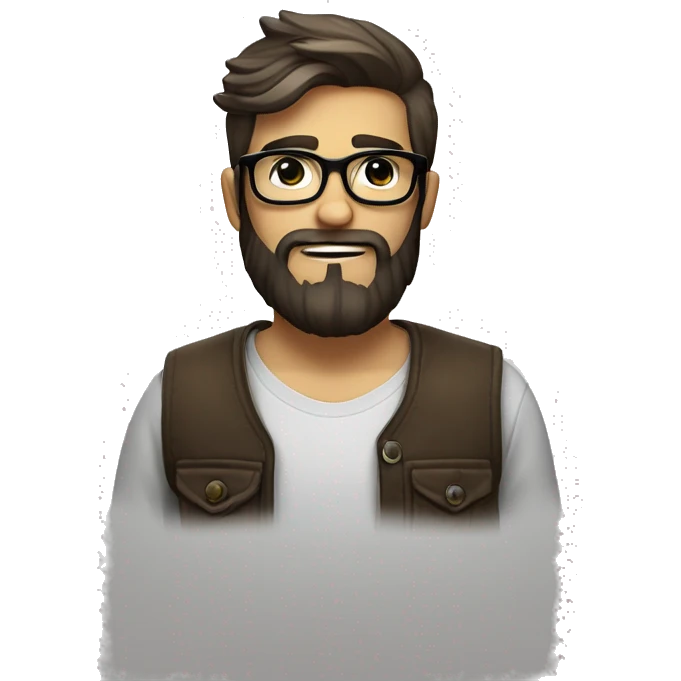 Create an emoji of a young, hipster male designer with a beard and an eye patch. He should be wearing trendy glasses and have a slightly mischievous expression. emoji