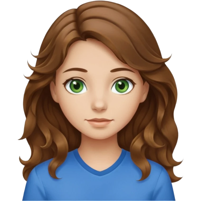 girl with brown hair, green eyes with a blue shirt no background ,young with wavy hair long brown hair with tiny blonde highlights emoji