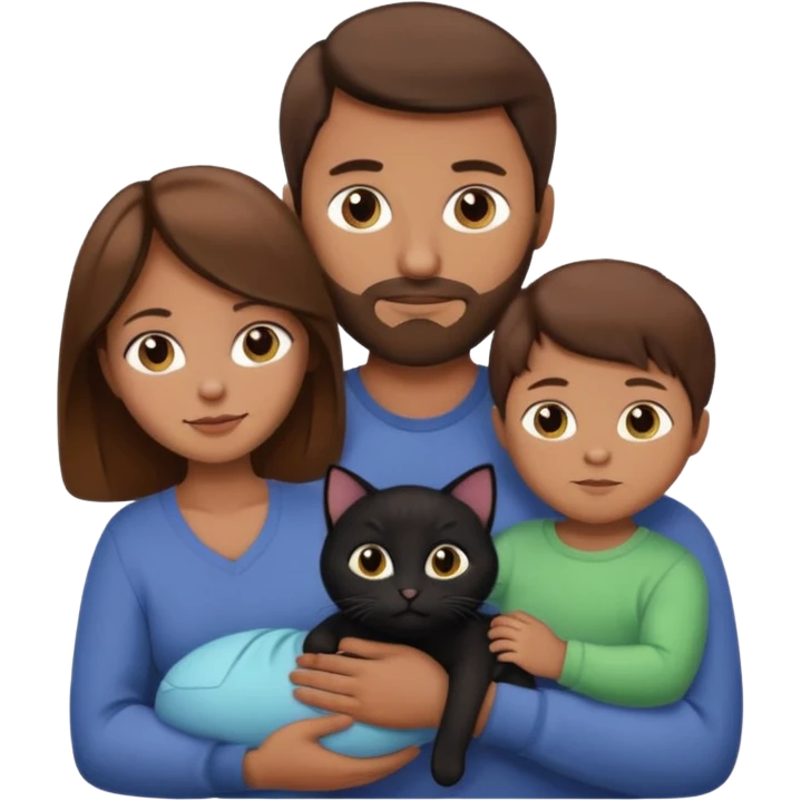 1 mom brown hair, 1 dad NO beard, 1 baby and 1 black cat emoji