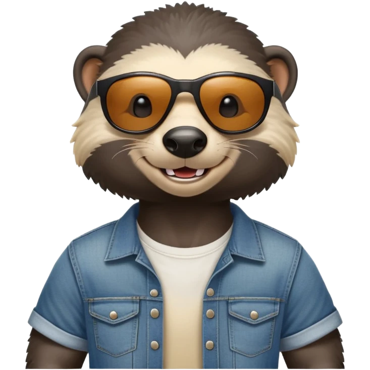 friendly anthropomorphised honey badger in jeans and a t-shirt, wearing sunglasses, head and shoulders view, smiling emoji