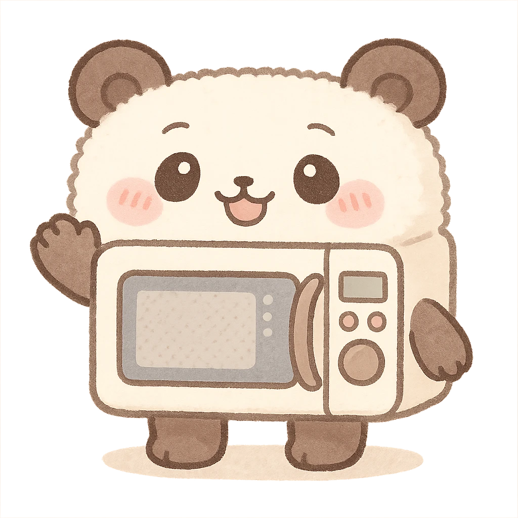chibi style microwave oven as a soft fluffy panda, blushing, waving happily, soft pastel palette, full-body emoji