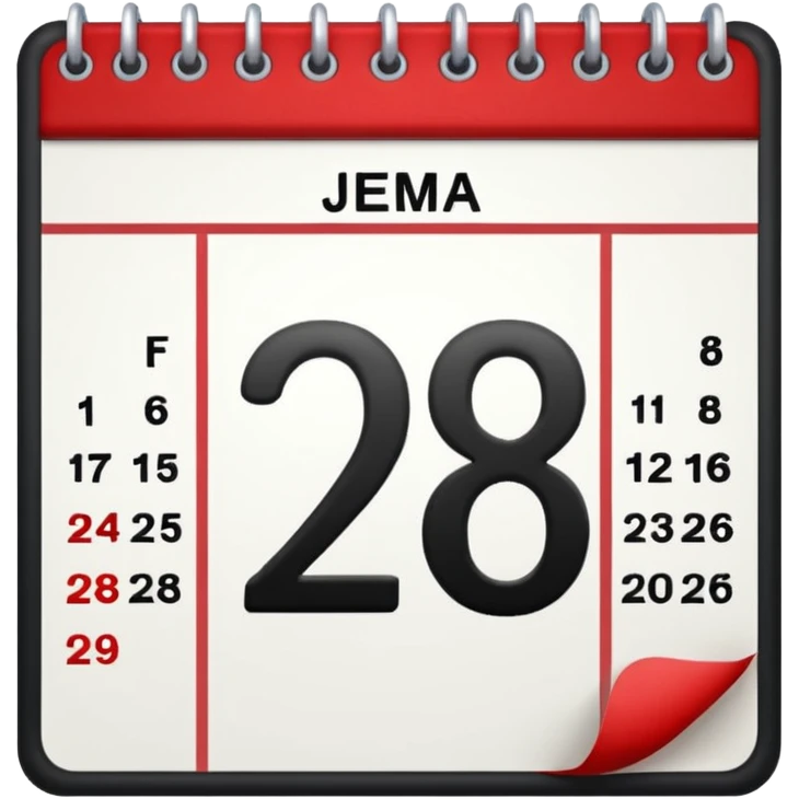 calendar with number 28, white page and red top emoji