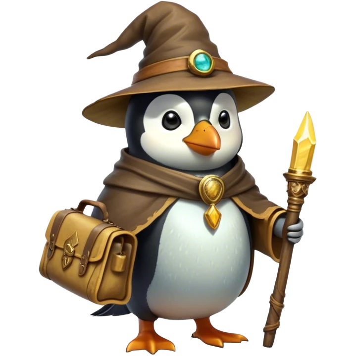 A wizard-explorer penguin inspired by Indiana Jones, wearing a weathered yellow enchanted hat and a flowing cape. It carries a leather satchel with ancient scrolls and holds a glowing magical relic. Cartoon-style, smooth shading, highly detailed, no background emoji