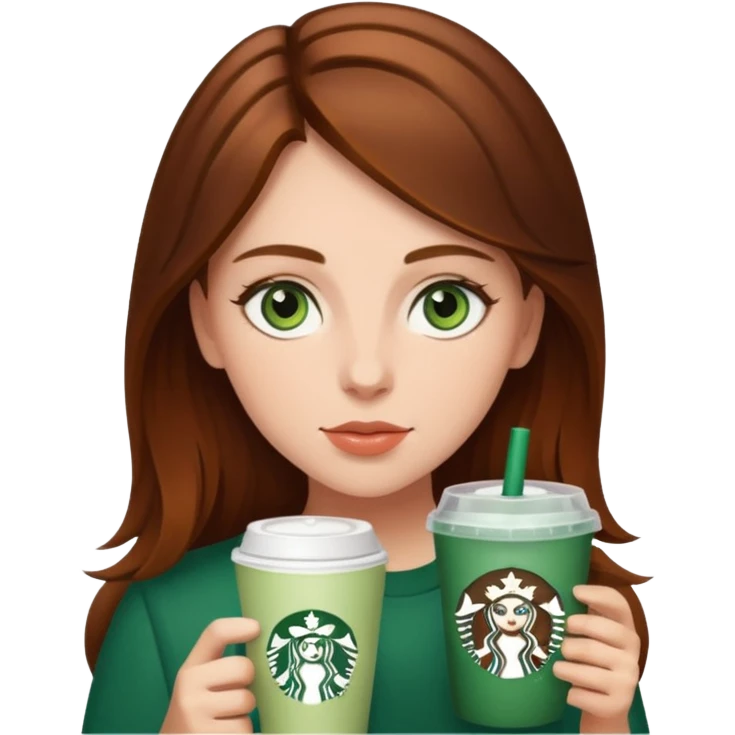 Brown haired girl with green eyes and straight hair drinking Starbucks emoji