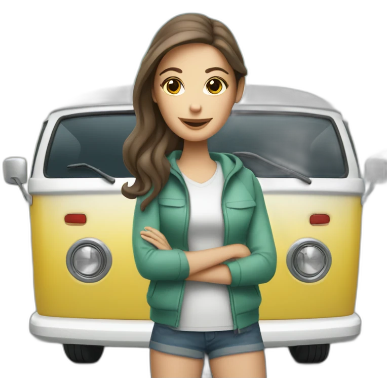 Hip white brunette woman with a sporty camper van emoji