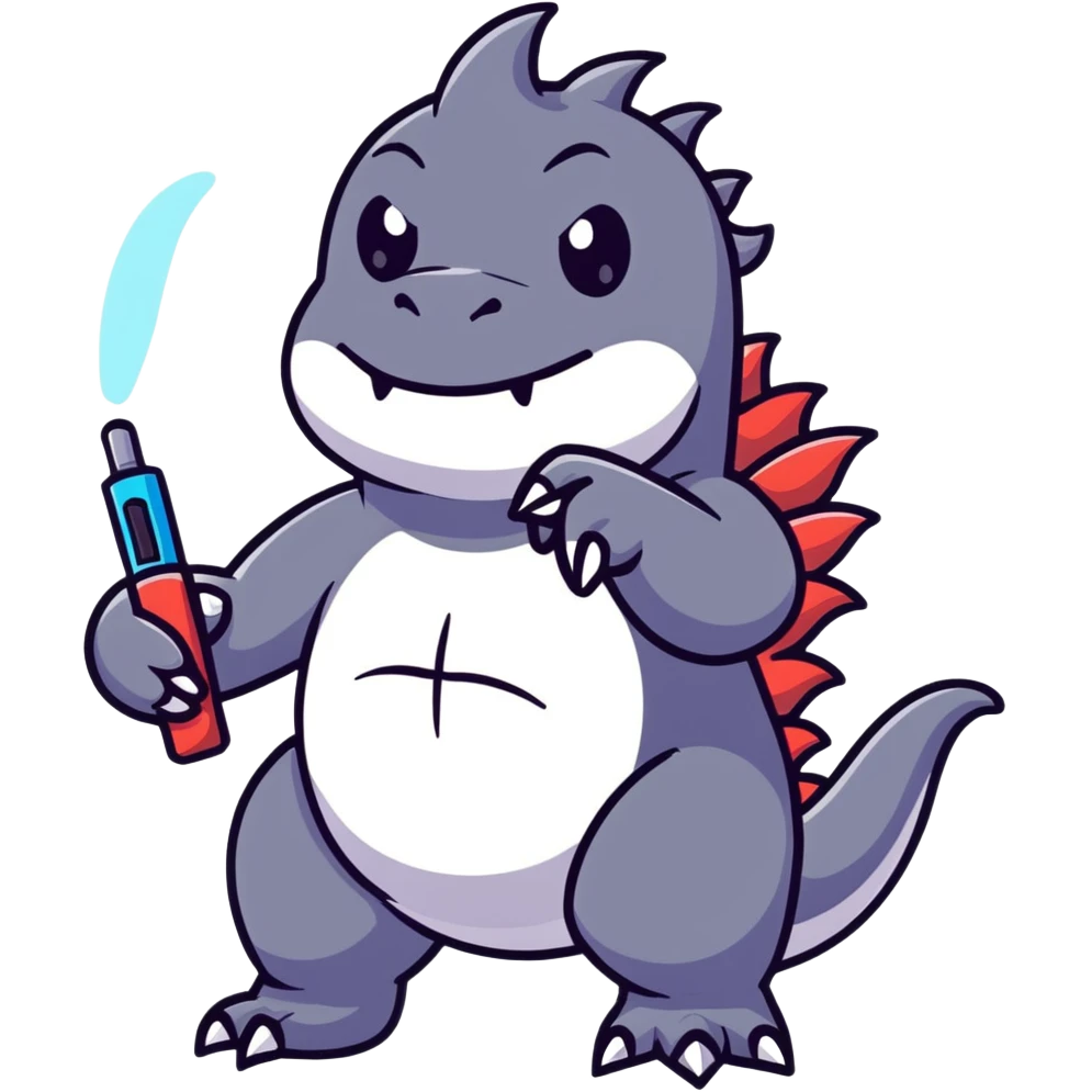 cartoonish Godzilla holding a vape pen, colorful emoji