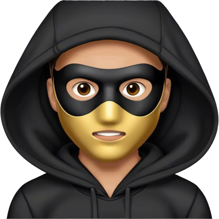 man with black full face hard plastic mask and black hoodie emoji