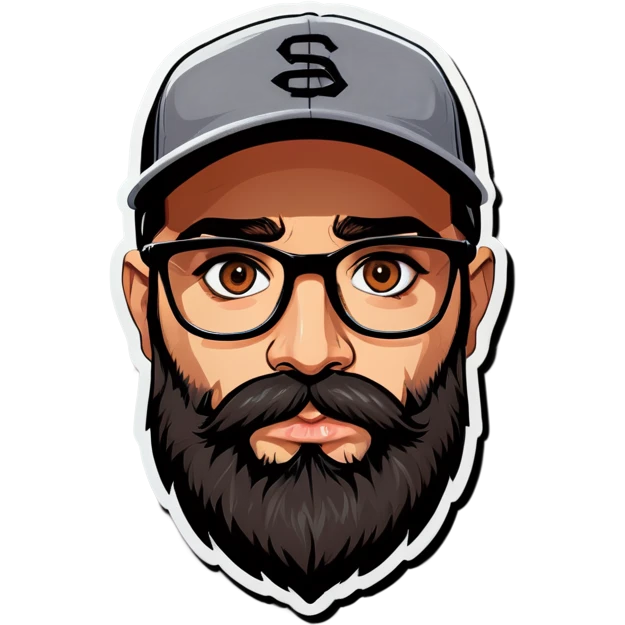A man with a grey baseball cap, hazel eyes, big dark brown beard and glasses, big puppy eyes emoji