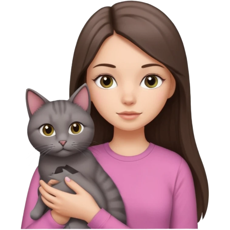 a white girl with brunette long straight hair holding a grey cat. the girl has long lashes and has on a pink shirt. emoji