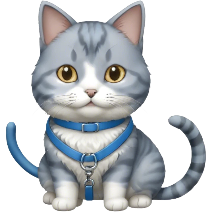 gray and white cat on a blue leash emoji