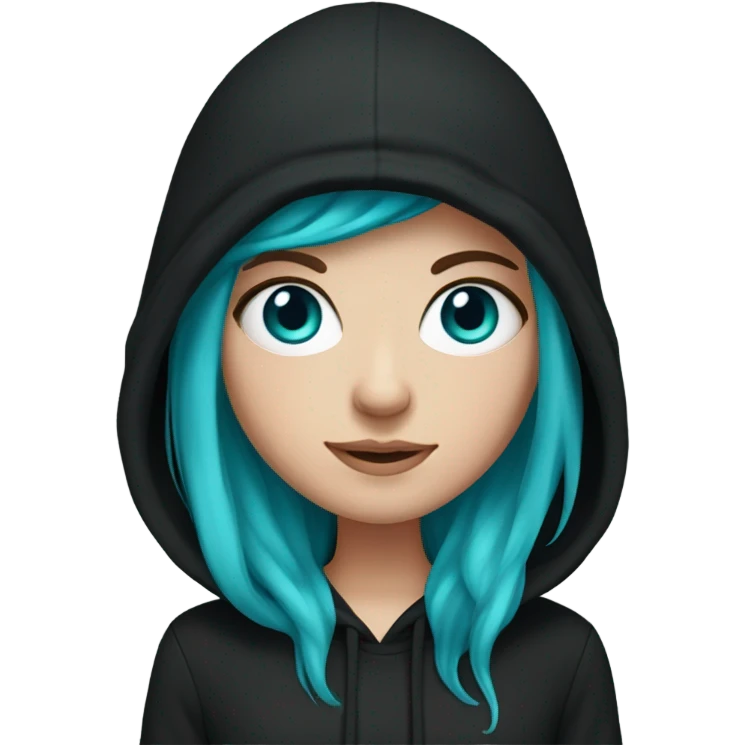 White girl, black hoodie, long teal and purple hair, black beanie hat, blue eyes emoji