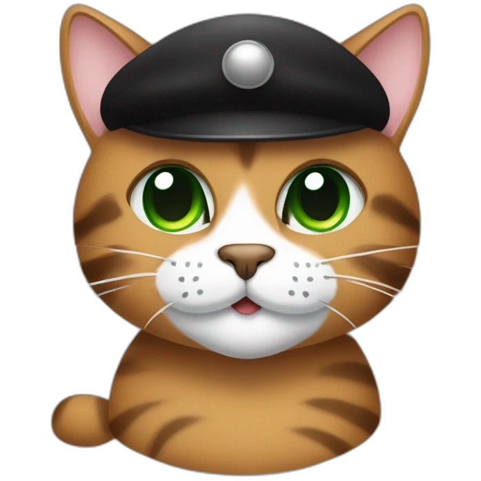 Brown cat with black stripes and white mustache and the contour of the white mouth and green eyes with a brush pencil and a black beret and a color palette emoji