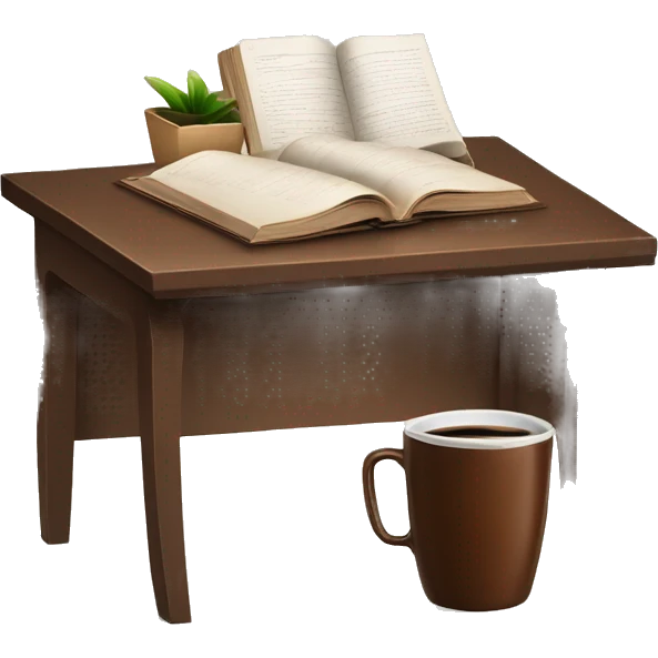 Desk with chique brown books, coffee and glasses  emoji
