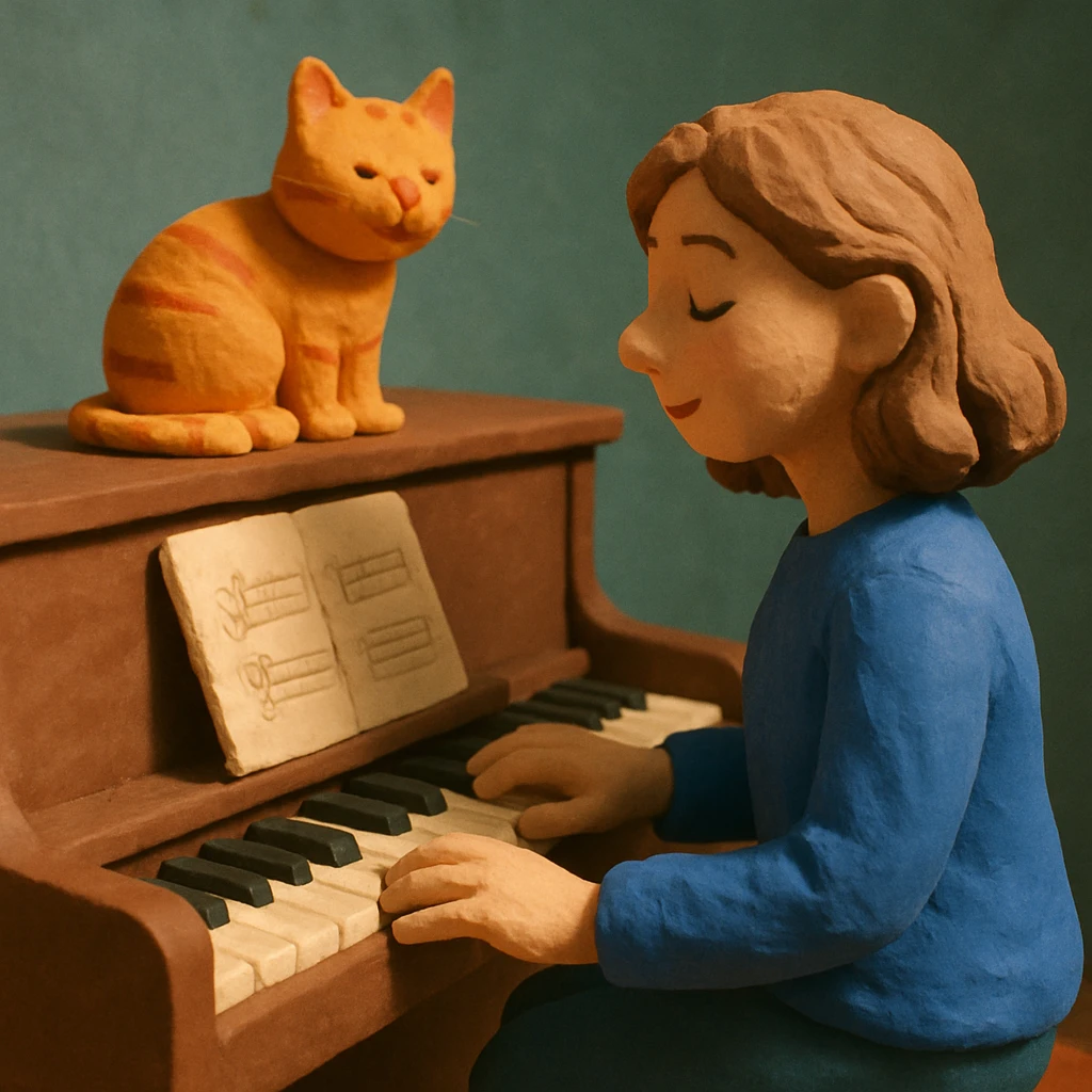 woman playing piano while her cat sits on top of the piano emoji