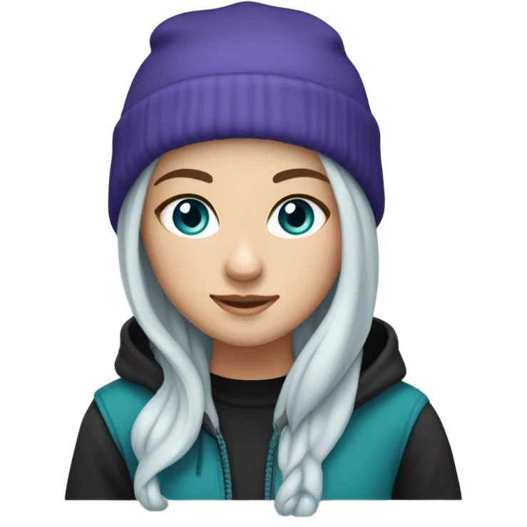 White girl, blue eyes, long teal hair, purple beanie hat, black hoodie, blue jeans, black shoes emoji