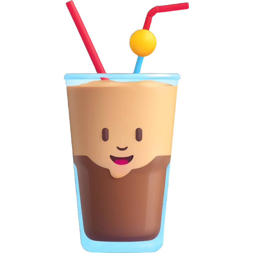 A 3D style emoji of Vietnamese iced coffee in a glass with a straw, and a coffee drop on the glass, with a focus on the coffee color. emoji