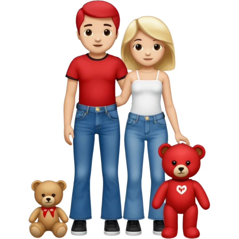 A boy and a girl teddy bear for the boy bear put on true religion shirt and jeans with black shoes and for the girl put flare jeans and a red tube top and white shoes just bears not the humans  emoji